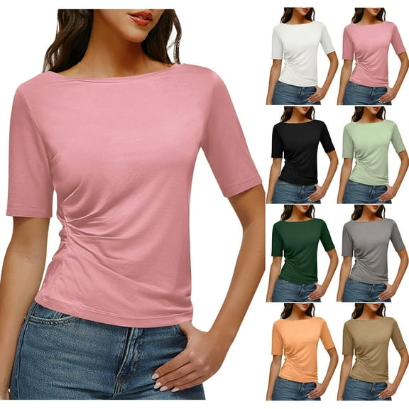 Olyvenn Women's Short Sleeve Tops Half Length Sleeve Cotton Crewneck T Shirts Slim Fit Ruched Casual Elbow Summer Basic Tees Black L