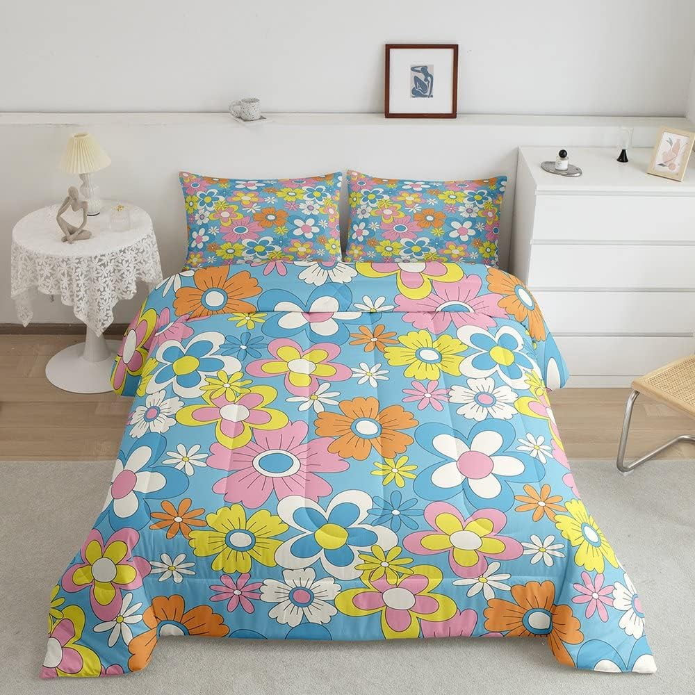 70s Groovy Flower Bedding Set Queen Rainbow Flowers Comforter Set for ...