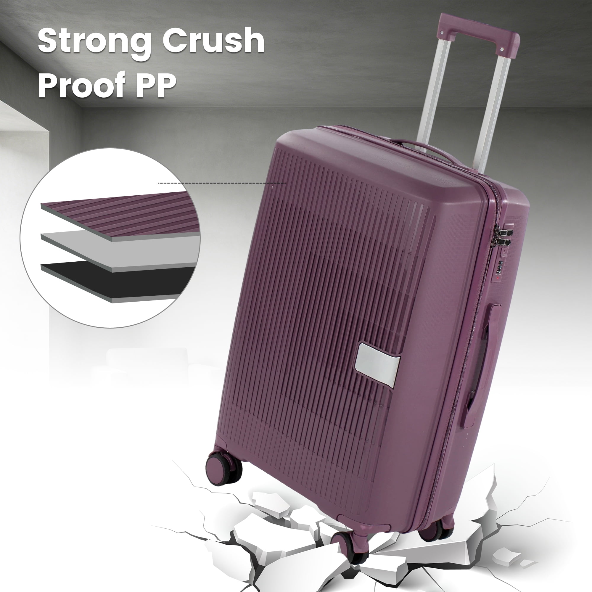 Travelhouse 3 Piece Checked Hard Shell Luggage Set Lightweight Suitcase with Lock and Spinner Wheels,Purple