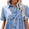 thumbnail image 4 of Women Babydoll Dress Women's Short Sleeve A-line Faux Denim Button-down Mini Dress Solid Color Lapel Patchwork Dress for Dating Commuting Party Wear, 4 of 5
