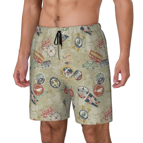 Balery Marine Sailing Badges Bañador para hombre, shorts de playa de secado rápido con entrepierna y forro de compresión-Small