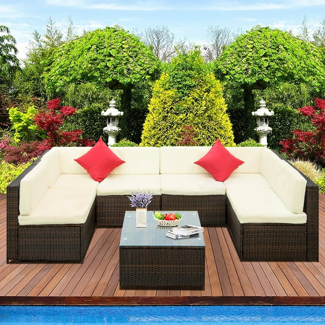 7 Pieces Outdoor Wicker Patio Sets, SEGMART 7 Pieces Outdoor Wicker Patio Furniture Set with 2 Corner Sofa, Tempered Glass Table, 4 Single Sofa, 12 Padded Cushions, 2 Pillows, White, S7201