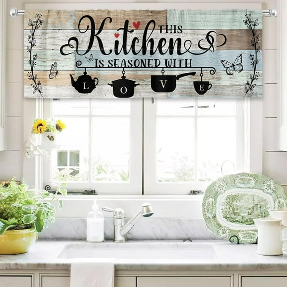 dinii Teal Green Kitchen Curtains 54Wx18H Inch Rod Pocket Rustic Valance Farmhouse Wood Plank Vintage Country Butterfly Bedroom Window Drapes Quotes Printed Living Room Window Treatment 1 Panel