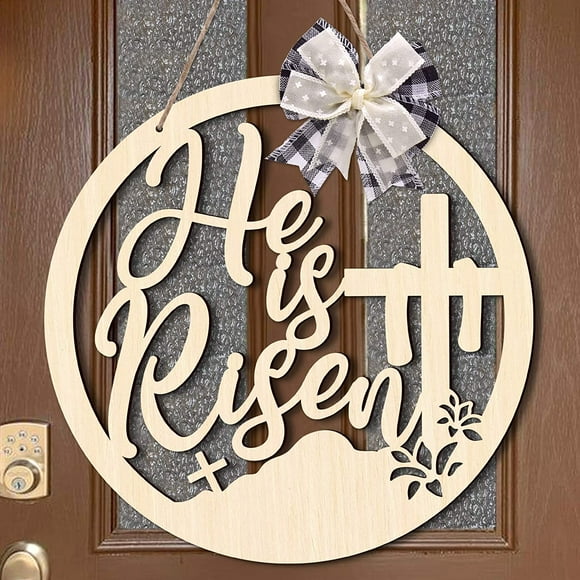 FFIY He is Risen Wooden Round Door Hanger Easter Front Wall Sign April Rustic Cross Holiday Wreath Spring Home Decoration Ideas Supplies 12 Inches - -
