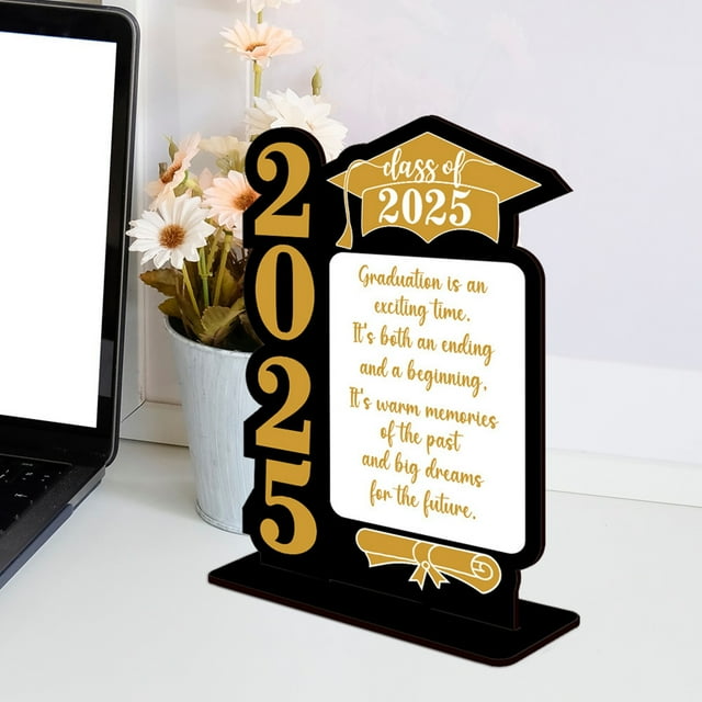 Class of 2025 Graduation Centerpiece - Rustic Wooden Table Decor for Graduation Parties - Black & Gold Congrats Grad Table Topper for High School & College