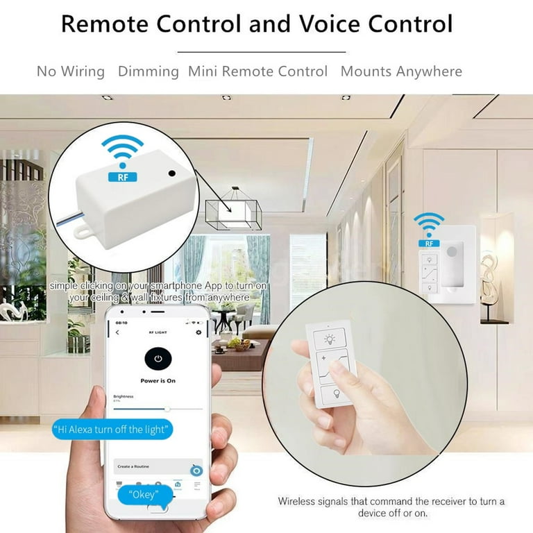 Smart Wireless Light Switch and Receiver Kit,Brightness Adjustable,120ft RF  Range No Wiring Mini Remote Control with Wall Plate,Voice Control,Bluetooth  Work with  Alexa Only 