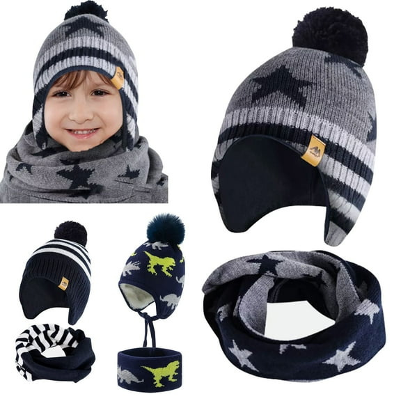 AYAMAYA Kids Winter Hat, Upgrade Fleece-Lined Knitted Baby Hat with Earflap for Boys and Girls (Star)