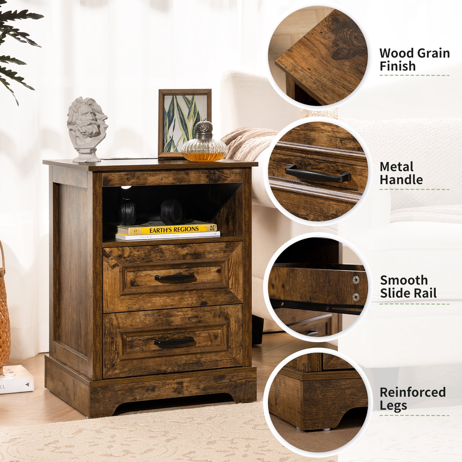 Farmhouse Side Table End Table with 2 Drawers, 18" Wood Nightstand with Charging Station & Storage Shelf, Night Stands for Bedroom Living Room,Brown