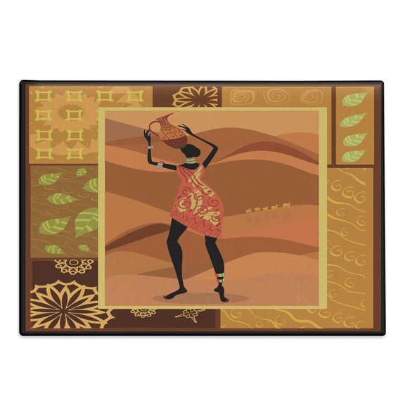 African Cutting Board, Frame with Natural Autumn Elements Native Girl with Vase Exotic Zulu Print, Decorative Tempered Glass Cutting and Serving Board, Large Size, Multicolor, by Ambesonne