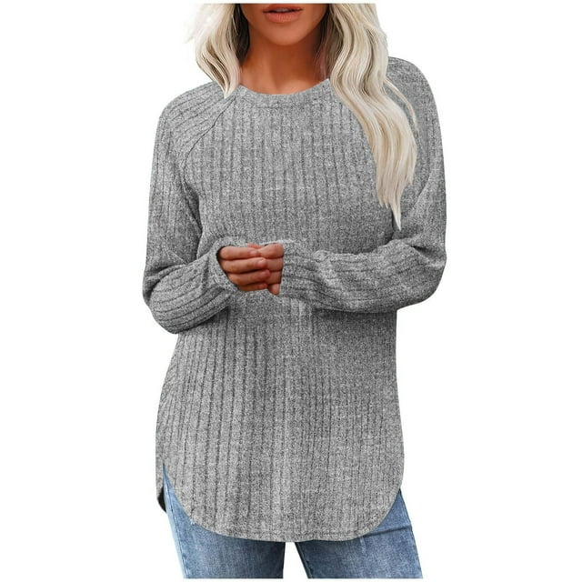 Besolor Tuniques pour Femmes Col Rond Manches Longues Chandails en Tricot Ourlet Incurvé Chandail Tricot Automne Hiver Blouses Habillées