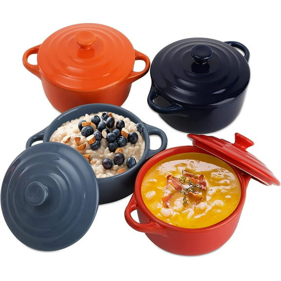 CZQ 4 Pack Porcelain Ramekin with Lids and Handles Oven Safe, 8 oz Round Ramek Souffle Creme Brulee Baking Dish, Pudding Custard Dish, Individual Servings Mini Casserole Dishes, 4 Colors