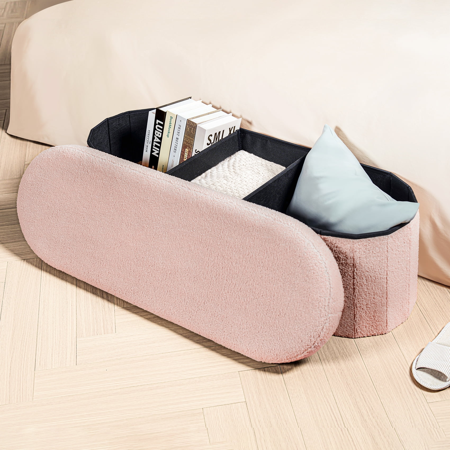 PINPLUS Storage Ottoman Bench Tufted Oval Ottoman Bench Foot Rest Velvet Bench with Storage 43" Pink