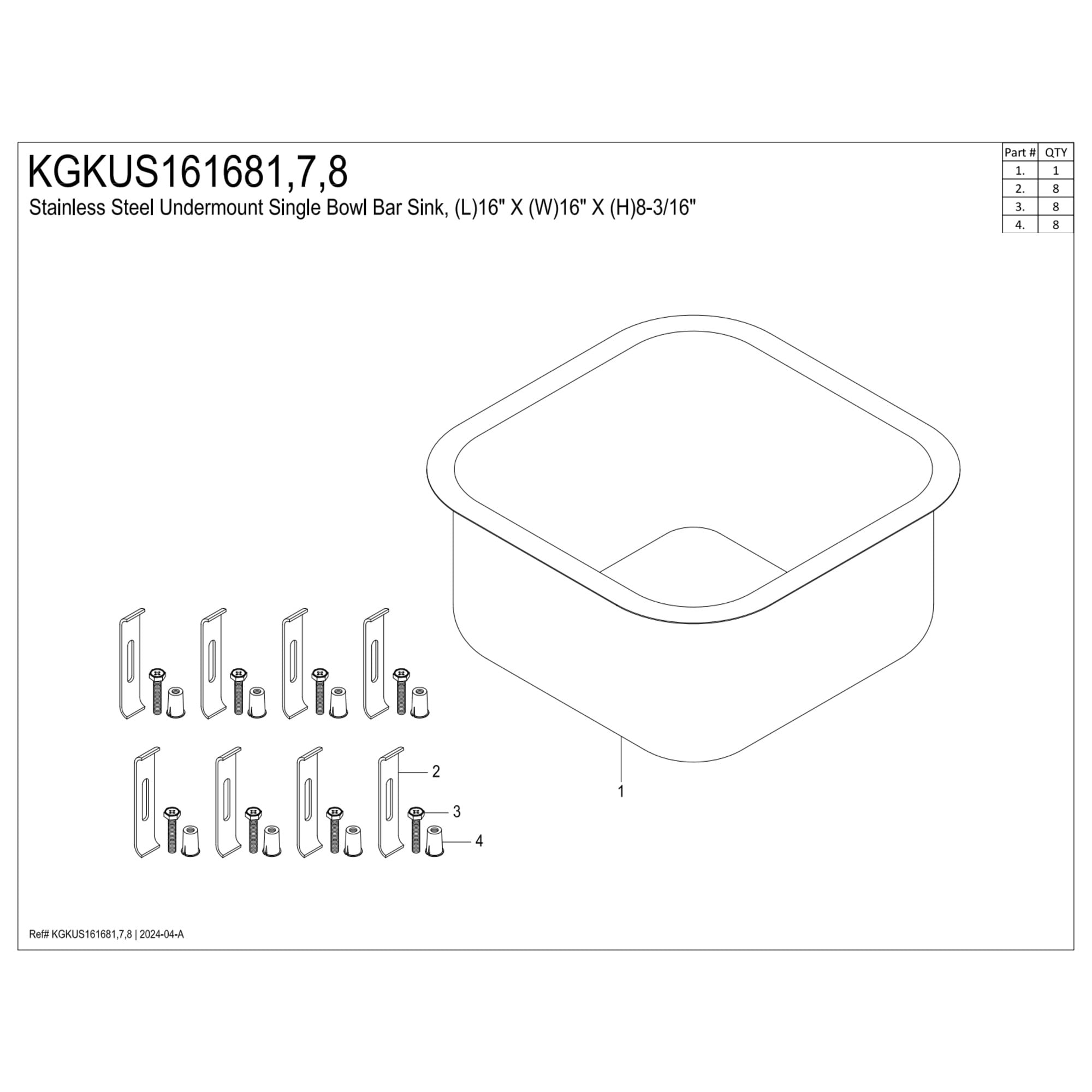 Gourmetier Loft KGKUS161681 16" Stainless Steel Self-Rimming Single Bowl Undermount Bar Prep Sink, Stainless Steel/Polished Chrome