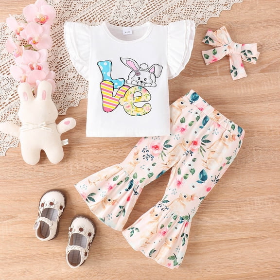 JIAYUE Girls Easter Outfit Set Cartoon Print Floral Short Sleeve Crew Neck Pullover Tops and Flared Pants with Headband For Youth Breathable Fashion Outfits