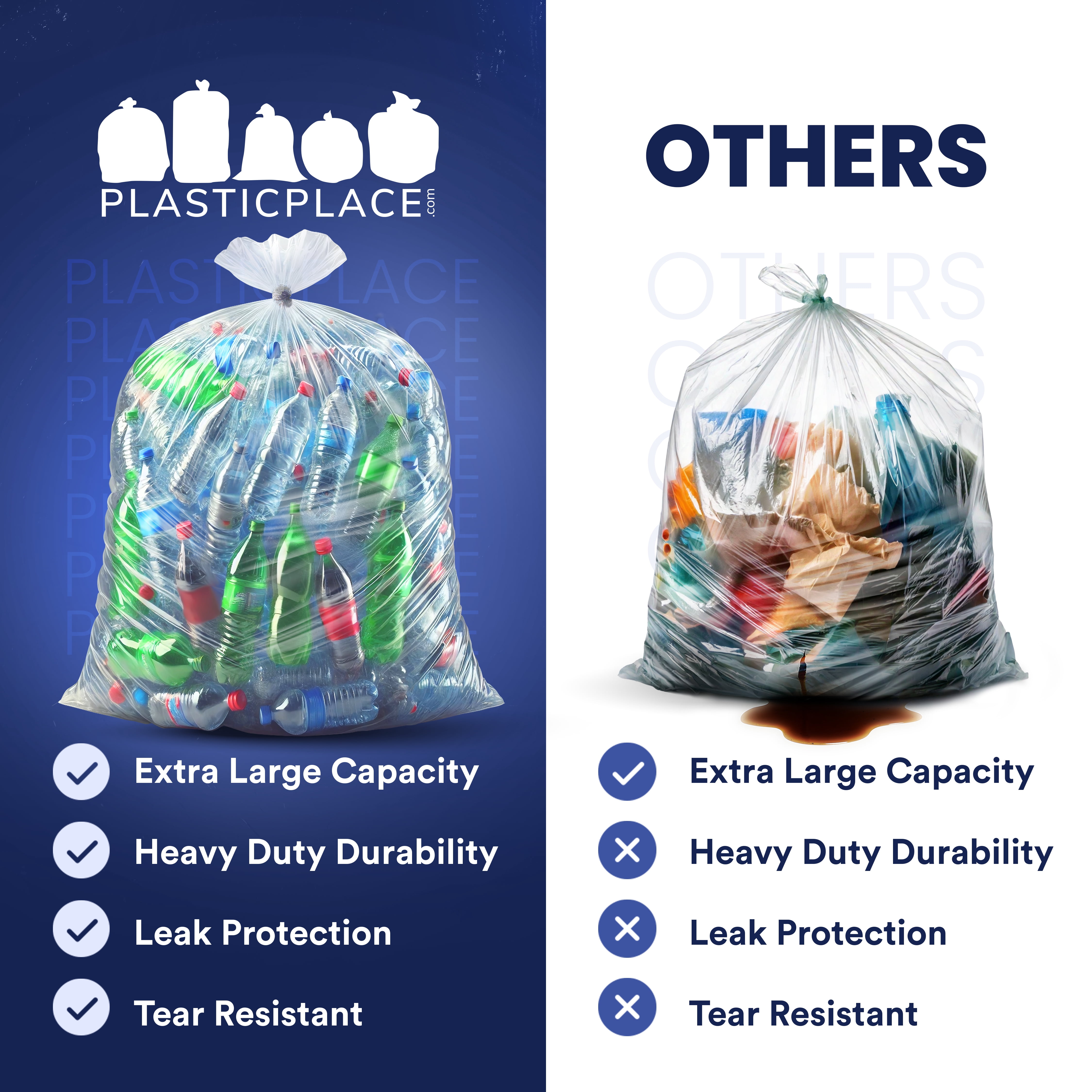 Plasticplace 95-96 Gallon Garbage Can Liners 1.5 Mil Clear Heavy Duty Trash Bags, 61 x 68”, 50 Count