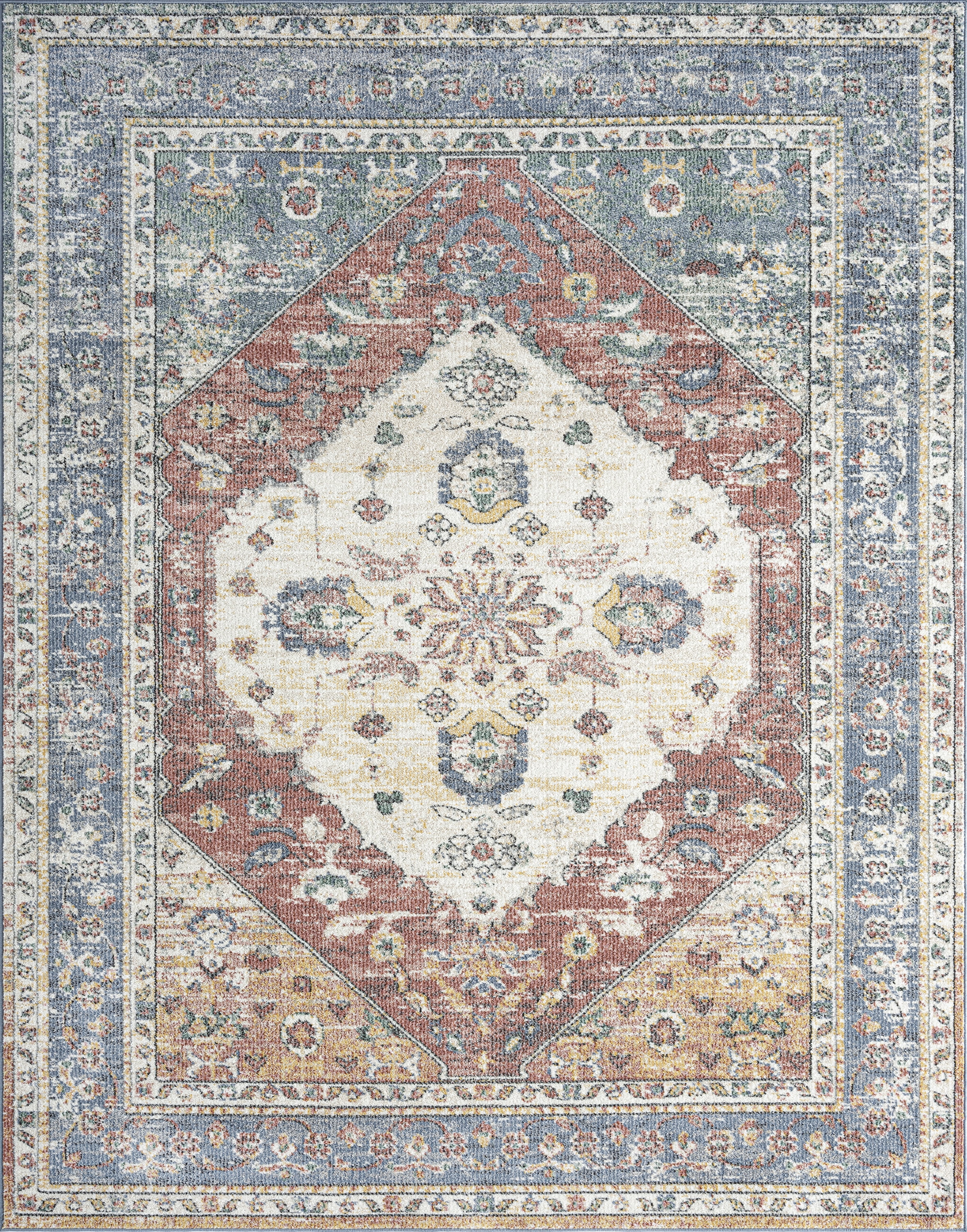 Addison Traditional 5' x 7' Cream and Blue Polypropylene Indoor Area Rug