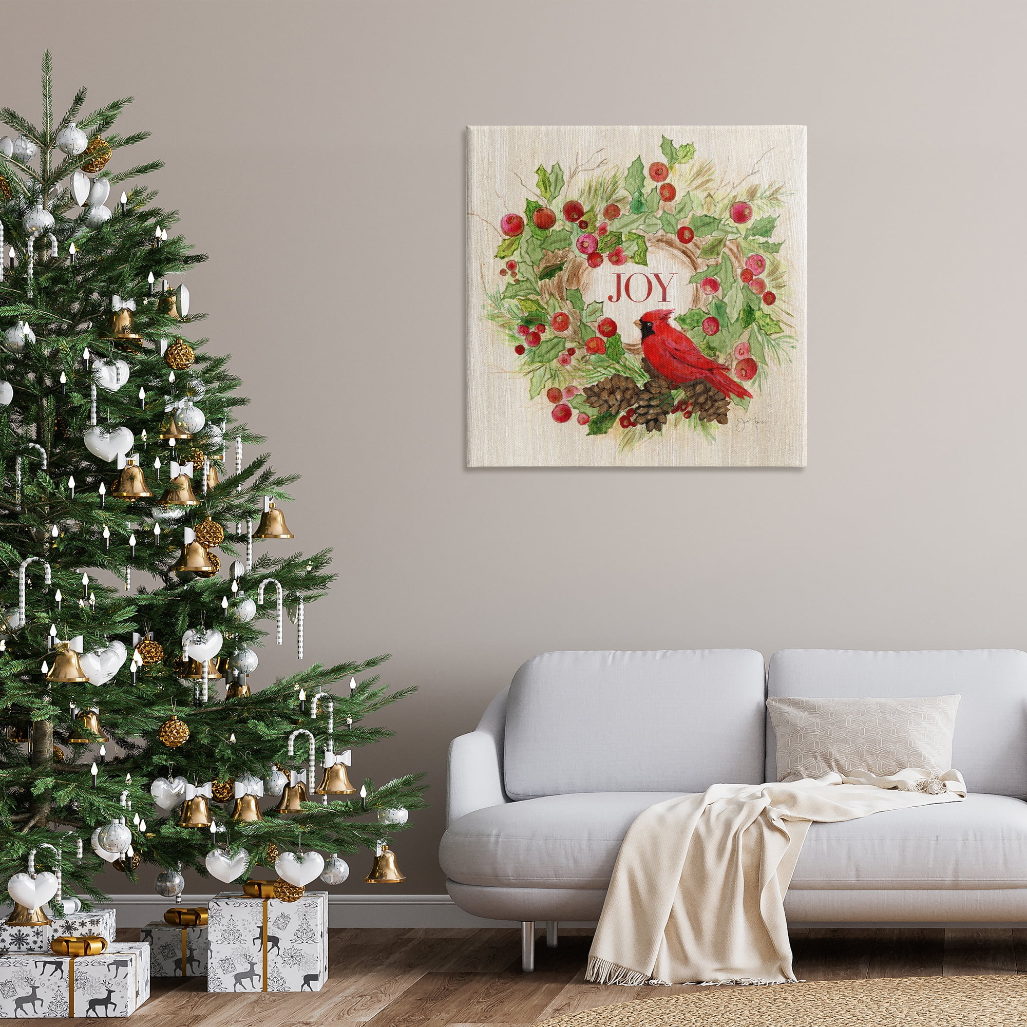 Stupell Industries Joy Rustic Winter Wreath Holiday Painting Gallery Wrapped Canvas Art Prints Wall Art, 36 x 36