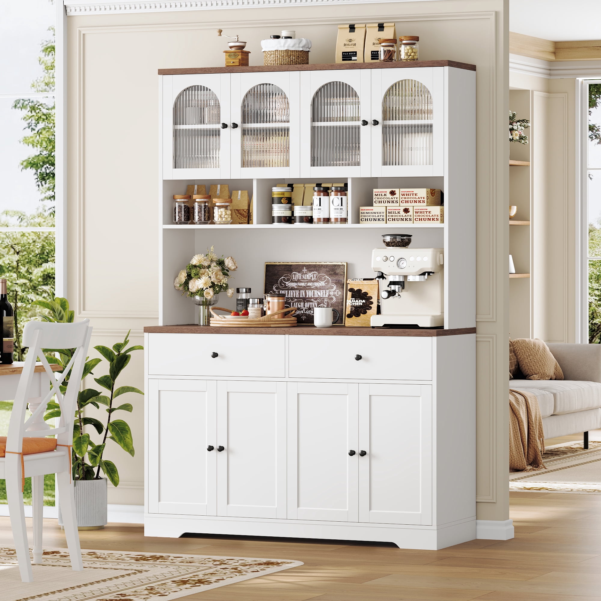 Hiphuta 71" Tall Kitchen Pantry Storage Cabinet with Glass Doors and Microwave Stand, Modern Buffet with Hutch and Charging Outlets, Coffee Bar Cabinet for Kitchen Dining Room, White