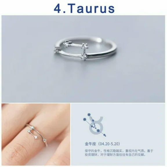 MATROOY 925 Silver Plated 12 Constellations Zodiac Zircon Ring Adjustable Women Jewelry-Taurus