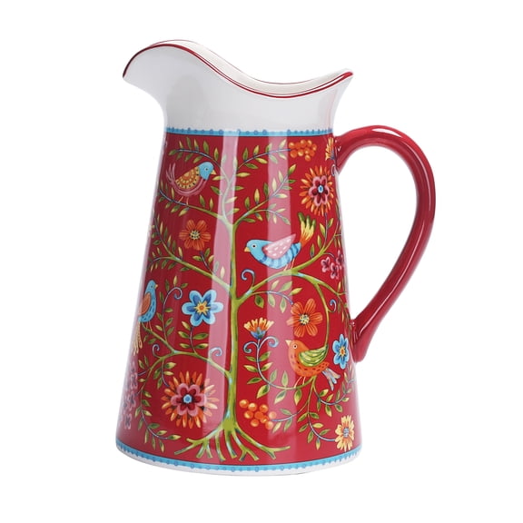 Bico Red Spring Bird Ceramic 2.5 Quarts Pitcher with Handle, Decorative Vase for Flower Arrangements, Dishwasher Safe