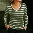 thumbnail image 2 of hoksml Women Contrast Trim V Neck Long Sleeve Striped T-Shirt Slim Stretch Casual Top for Office Daily All Season, 2 of 5
