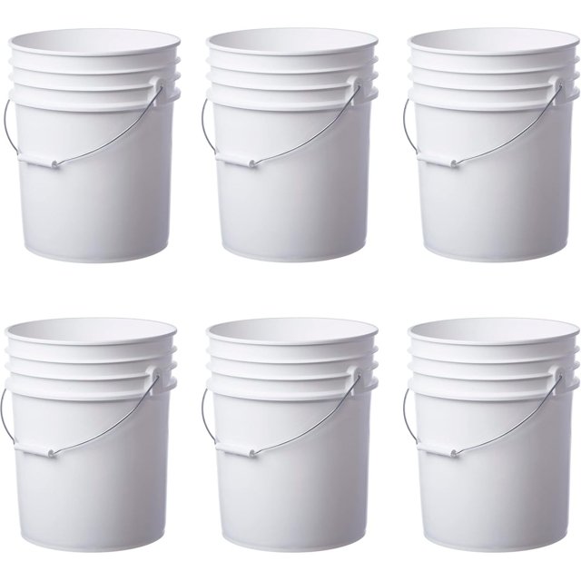 5 Gallon Bucket, 6 pcs Pack, Food Safe, Free BPA, White, Durable, Lid not Included, Great Value in Bulk Pack. The Best Price at Market on 5 Gallon Buckets. Comfortable Handle, Heavy Duty