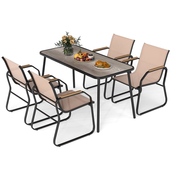 Topbuy 5 Pieces Patio Dining Set Rectangular Table & 4 Sling Chairs w/ Wood-like Armrests & Metal Frame