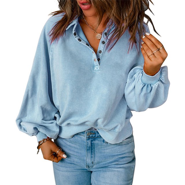 Blusa de mujer de manga larga con cuello vuelto y botones, blusa de corte informal para mujer a la moda, azul claro L