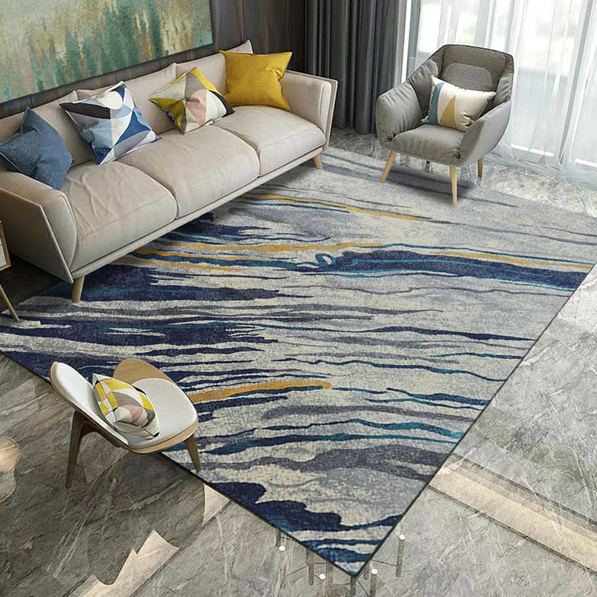 Modern Blue Shaggy Rugs Flecked Yellow Non Shed Living Room Rug Small Large Rugs 