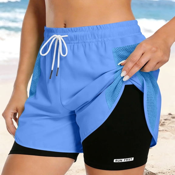 Wovilon Women's 2 in 1 Running Shorts with Mesh Overlay, Plus Size Double Layer Workout Bottoms, Quick Dry Drawstring Activewear for Summer Gym