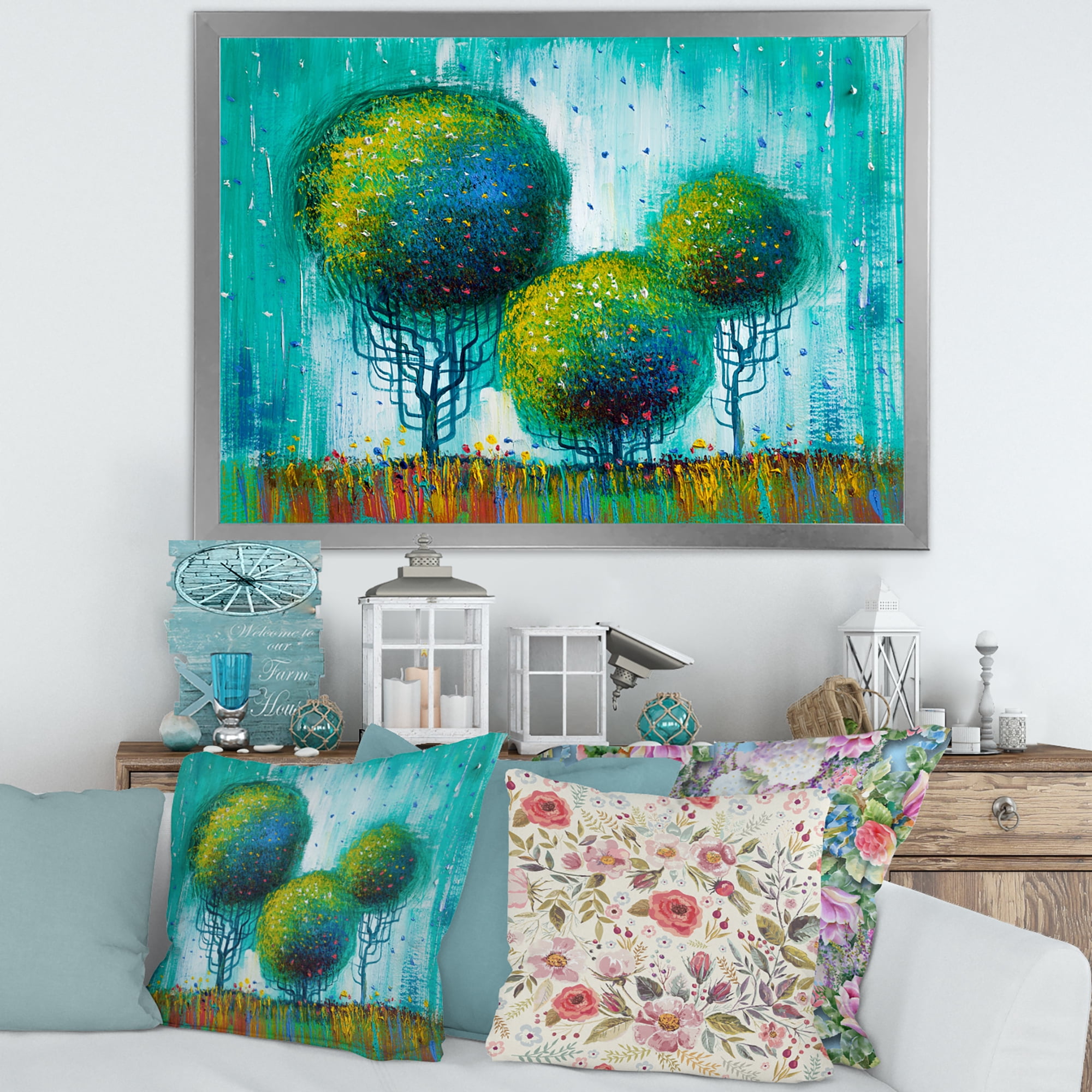 Designart 'Colourful Landscape Trees Impressionist II' Modern Framed Art Print