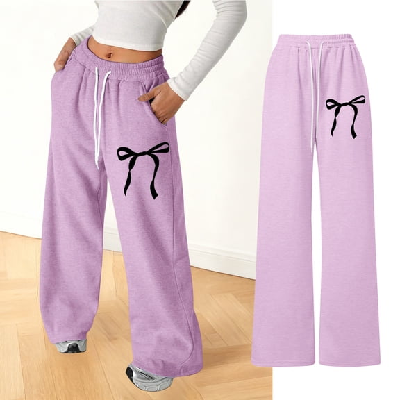 CHENge Girls Bow Sweatpants Baggy Wide Leg Casual Bowknot Print Elastic Waist Cute Preppy Bottoms Kids Junior Back to School Trousers