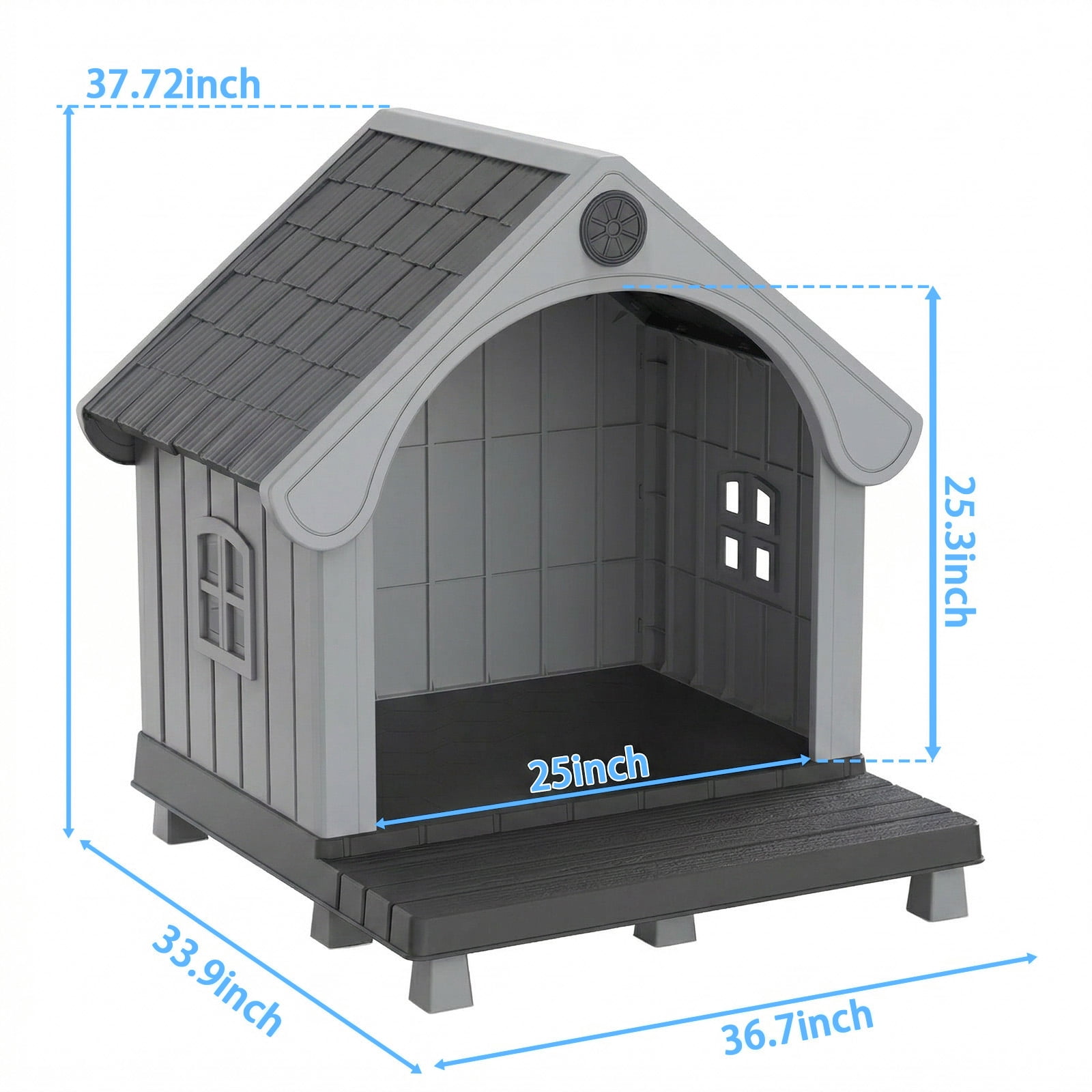 Fazzn Elevated Resin Dog House with Porch, Weatherproof Outdoor Pet Shelter for Small to Medium Dogs, Easy Assembly & Durable.Black