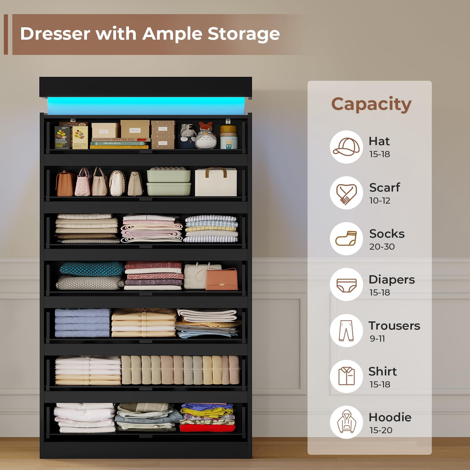 7 Drawer dresser with LED lights,chest of 7 drawers,modern large capacity storage cabinet with deep drawers, Black dresser for bedroom, living room