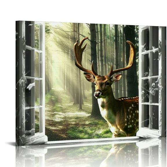 COMIO Deer Wall Decor for Home Wall Decorations with Frame Yellow Deer Canvas Wall Art Living Room Wall Clearance Bathroom Antler Decor Window View Forest Woodland Landscape Wall Painting Artwork