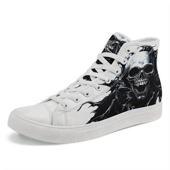 Coolcustomize Men's Gothic Skull Print High-Top Sneakers - Black Casual Streetwear Shoes with Lace-Up Closure, Breathable Fabric Upper Boots Trendsetting Footwear, Bold Graphic Design Casual Shoes