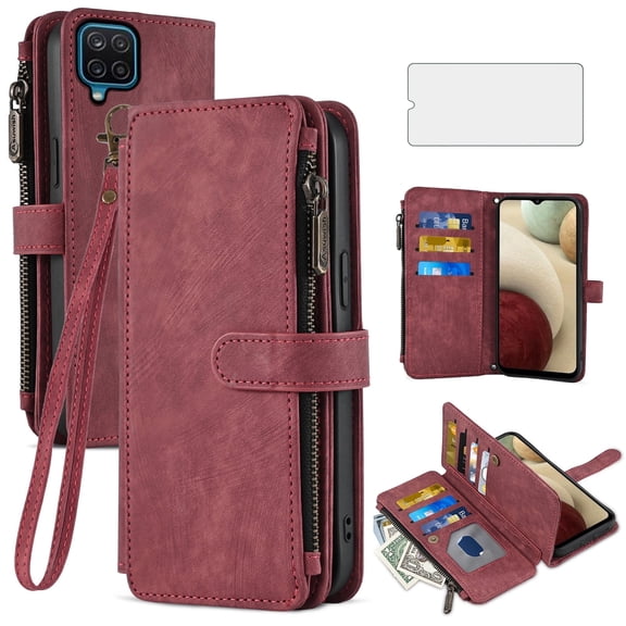 Asuwish Kickstand Hard Shell Wallet Cell Phone Case with Tempered Glass Screen Protector for Samsung Galaxy A12/A12 Nacho/M12, Red