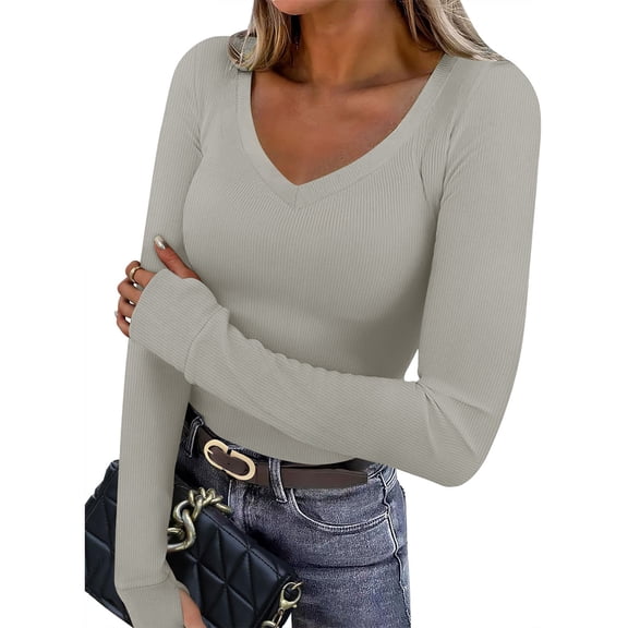 gbyLJF Long Sleeve Shirts for Women V Neck Ribbed Knit Slim Fit Basic Tshirts Spring Going Out Casual Tee Tunic Tops