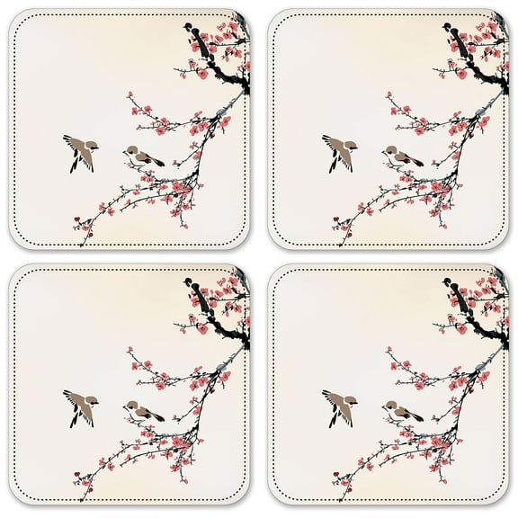 Vinyl Drink Coasters - Set of 4 - Birds on a Cherry Blossom