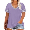 thumbnail image 2 of ClodeEU Women’s Plus Size V Neck Short Sleeve T-Shirt with Striped Trim, Casual Solid Color Top Purple,Women's Plus M, 2 of 5
