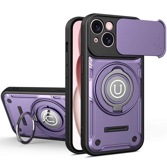 Rugged Case for iPhone 15, 360 Rotating Ring Kickstand with Sliding Camera Lens Cover, TPU PC Drop Protective Anti-Slip Cover for iPhone 15, Purple