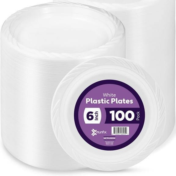 Munfix 6 Inch White Plastic Plates AFN1100 Bulk Pack - Disposable Cake Plates for Dessert & Appetizers, BBQ, Party, Travel and Events, Microwavable Recyclable