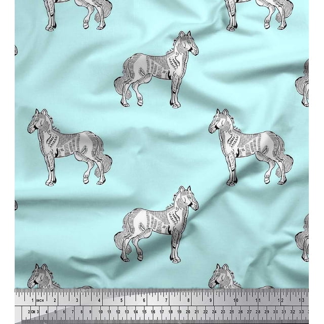 Soimoi Poly Georgette Fabric Horse Block Printed Fabric 1 Yard 42 Inch Wide