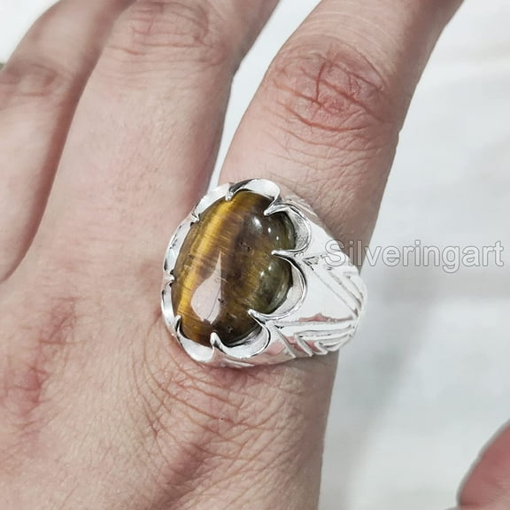 Tiger Eye Mans Ring, Natural Tiger Eye Ring, Birthstone Ring, Silver Jewelry, 925 Silver Ring, Birthday Gift, Heavy Mens Ring, Arabic Design, Ottoman Style Ring, Christmas, Turkey Mens Signet Ring