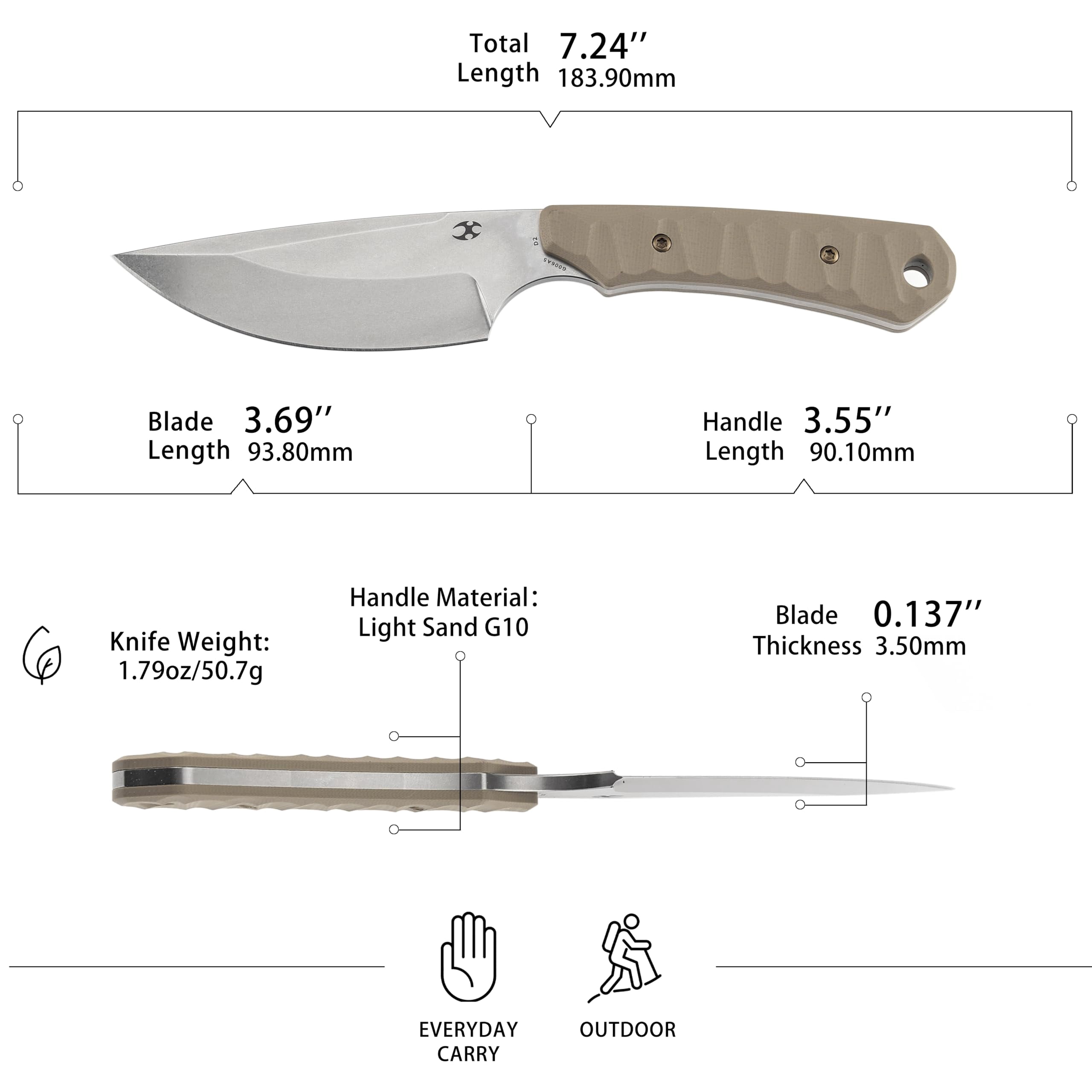 Kansept Flank Fixed Blade Knife,3.69'' Stonewashed D2 Blade,Light Sand G10 Handle Pocket Tactical Knives,G006A5,with sheaths