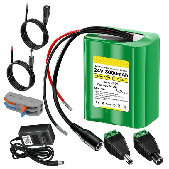 Rechargeable 24V 3000mAh Lithium Battery with Charger, Bare Leads Wire Battery Pack Compatible with 24V Devices, DIY Project, Ride-On Cars, Toys, Solar Panels, Camcorder, LED Strip, Portable Speaker