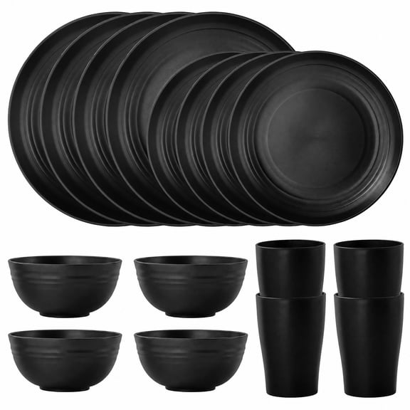 Asoricing 16-Piece Wheat Straw Dinnerware Set, Black Plates Bowls and Cups Set for 4, Unbreakable Plastic Dishes for Kitchen, Camping, RV, Dishwasher Safe