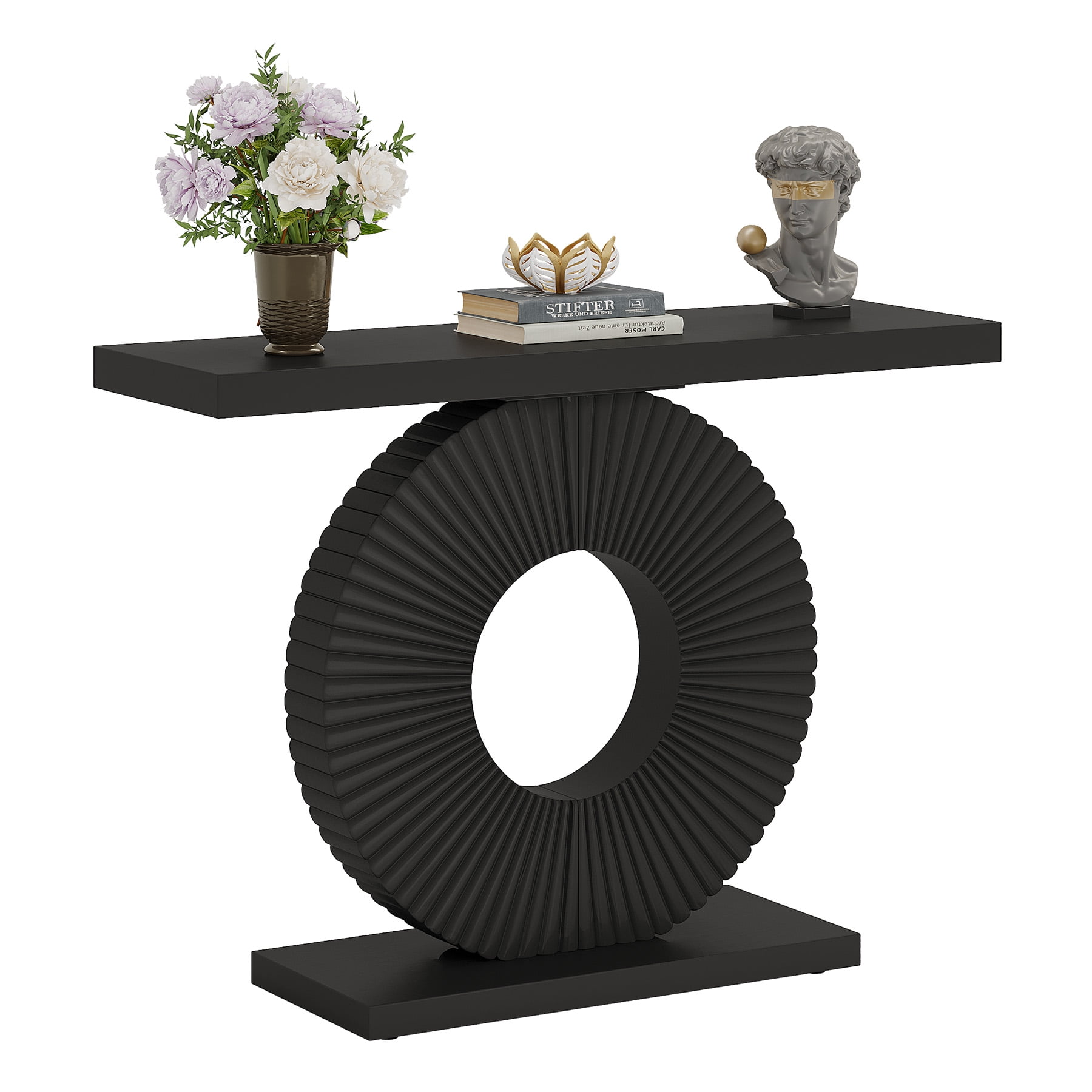 Fnova Console Table, 40" Wood Modern Art Narrow Long Side Table, Entryway Table with Round Base, Sofa Table, Accent Table for Living Room, Entryway, Hallway, Black
