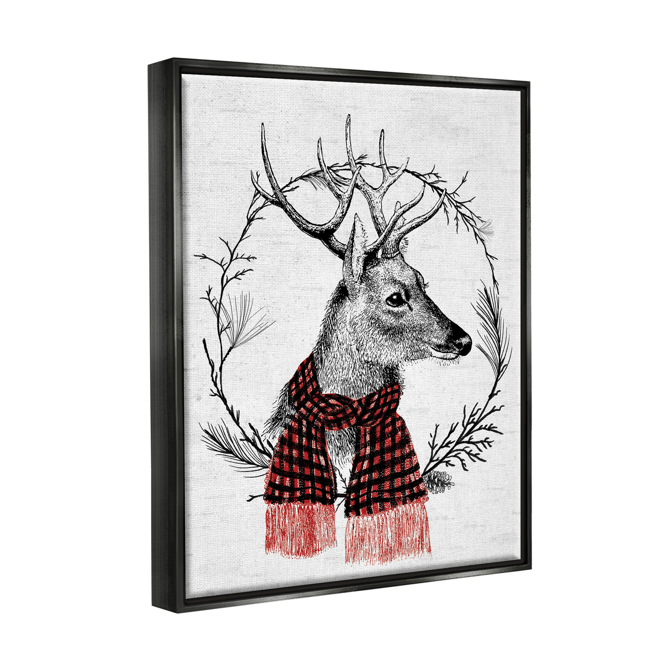 Stupell Industries Deer Winter Botanical Wreath Graphic Art Jet Black Floating Framed Canvas Print Wall Art, Design by Lettered and Lined