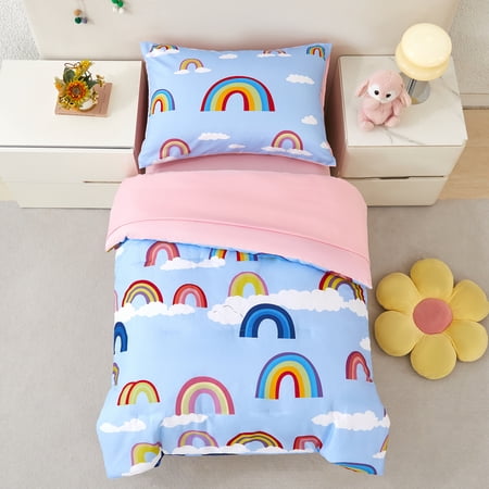 ZRNBAST 4 Piece Toddler Bedding Set for Girls, Rainbow Printed Toddler Bed Set, 100% Ultra Soft Microfiber, Blue